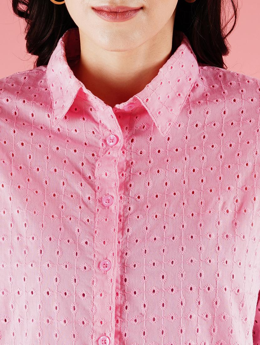 globus women pink cuffed sleeves schiffli design longline workwear shirt - 21178355 - Standard Image - 4