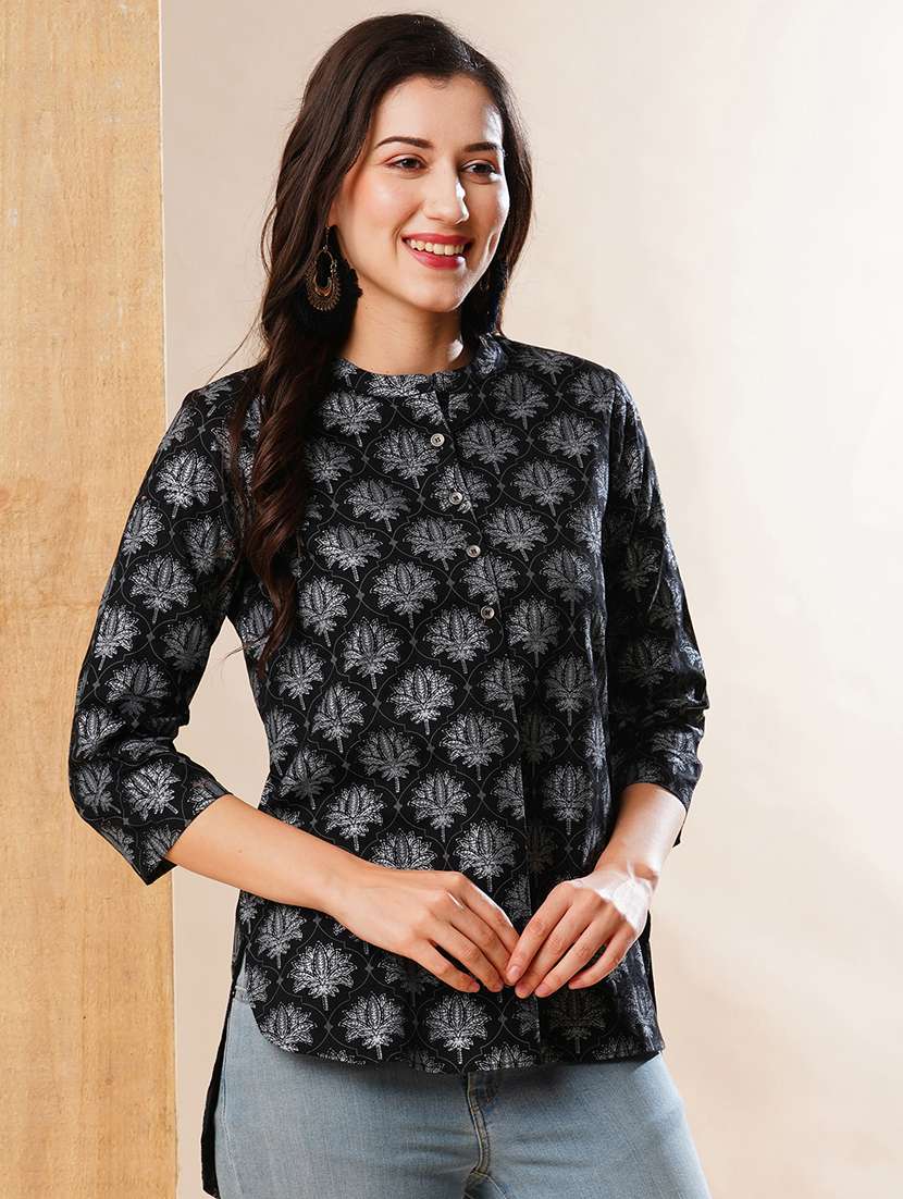 globus women black allover floral printed mandarin collar high low hem a-line workwear tunic - 21178358 -  Standard Image - 1