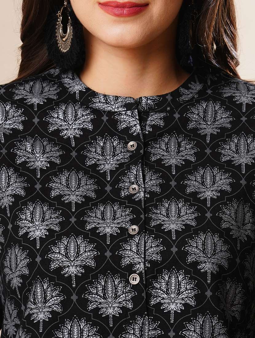 globus women black allover floral printed mandarin collar high low hem a-line workwear tunic - 21178358 - Standard Image - 4