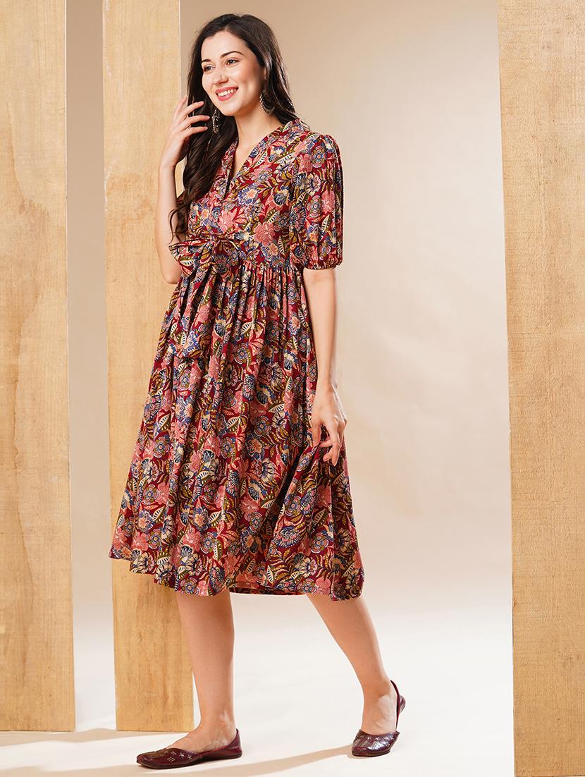 globus women multi v-neck puff sleeves gathered waist bow design fit & flare fusion midi dress - 21178363 - Standard Image - 1