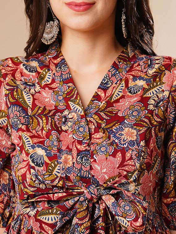 globus women multi v-neck puff sleeves gathered waist bow design fit & flare fusion midi dress - 21178363 - Standard Image - 4