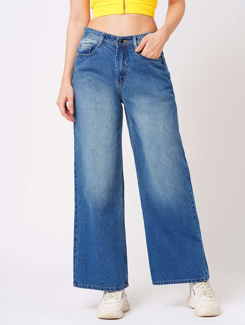 globus women dark blue flared mid-rise clean look heavy fade cotton jeans