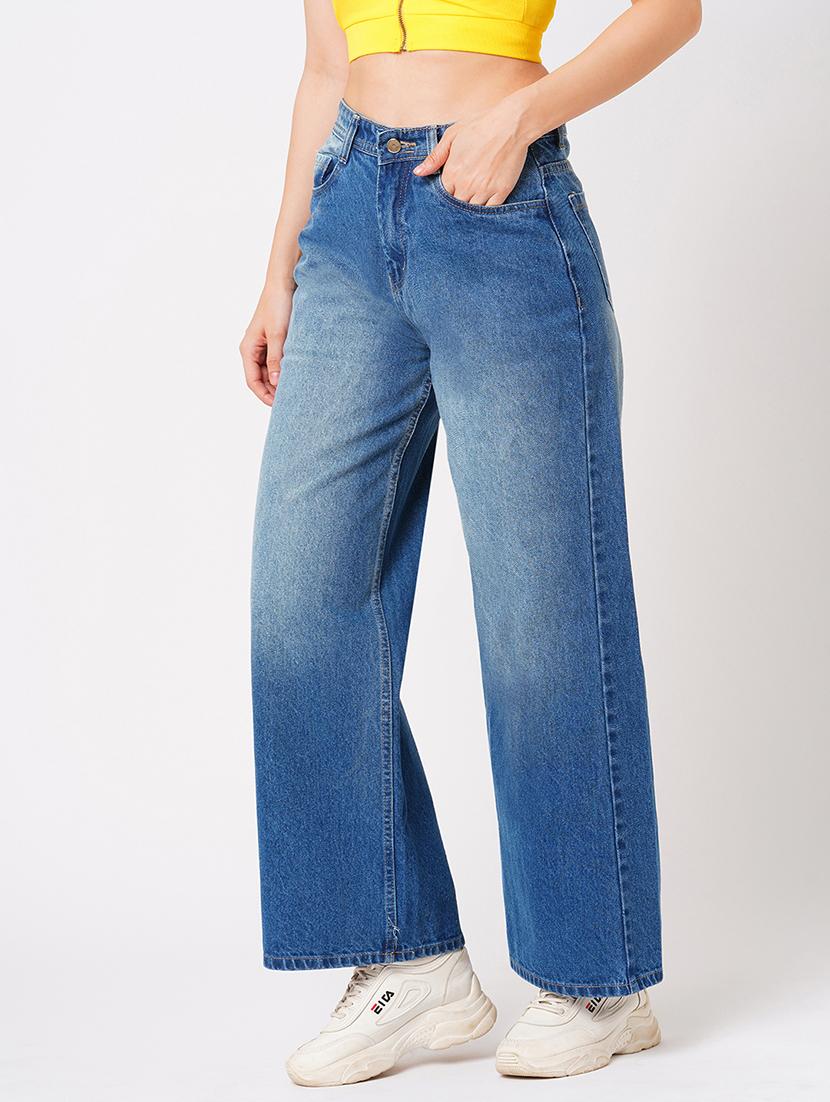 globus women dark blue flared mid-rise clean look heavy fade cotton jeans - 21178366 -  Standard Image - 1