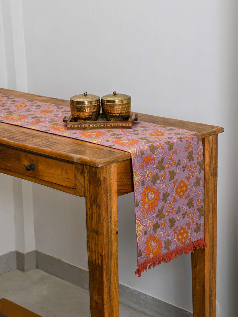 ratan cart purple cotton floral printed 13x70 table runner