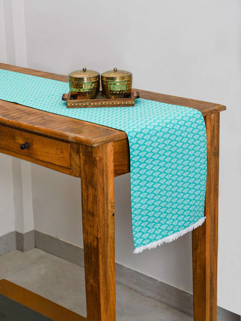 ratan cart sea green cotton booti printed 13x70 inch table runner