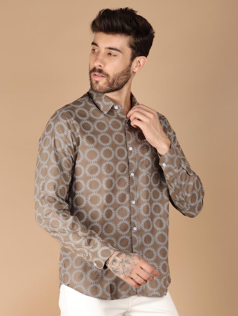 khaki printed casual shirt - 21178479 - Standard Image - 1