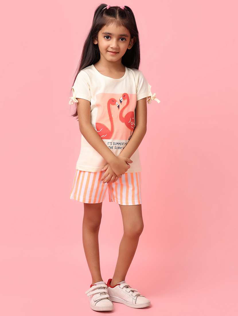 girls off white cotton top & shorts set