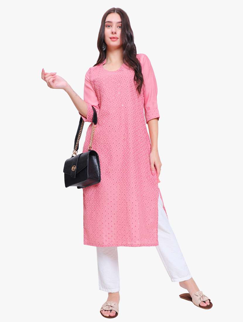 pink silk blend straight kurta