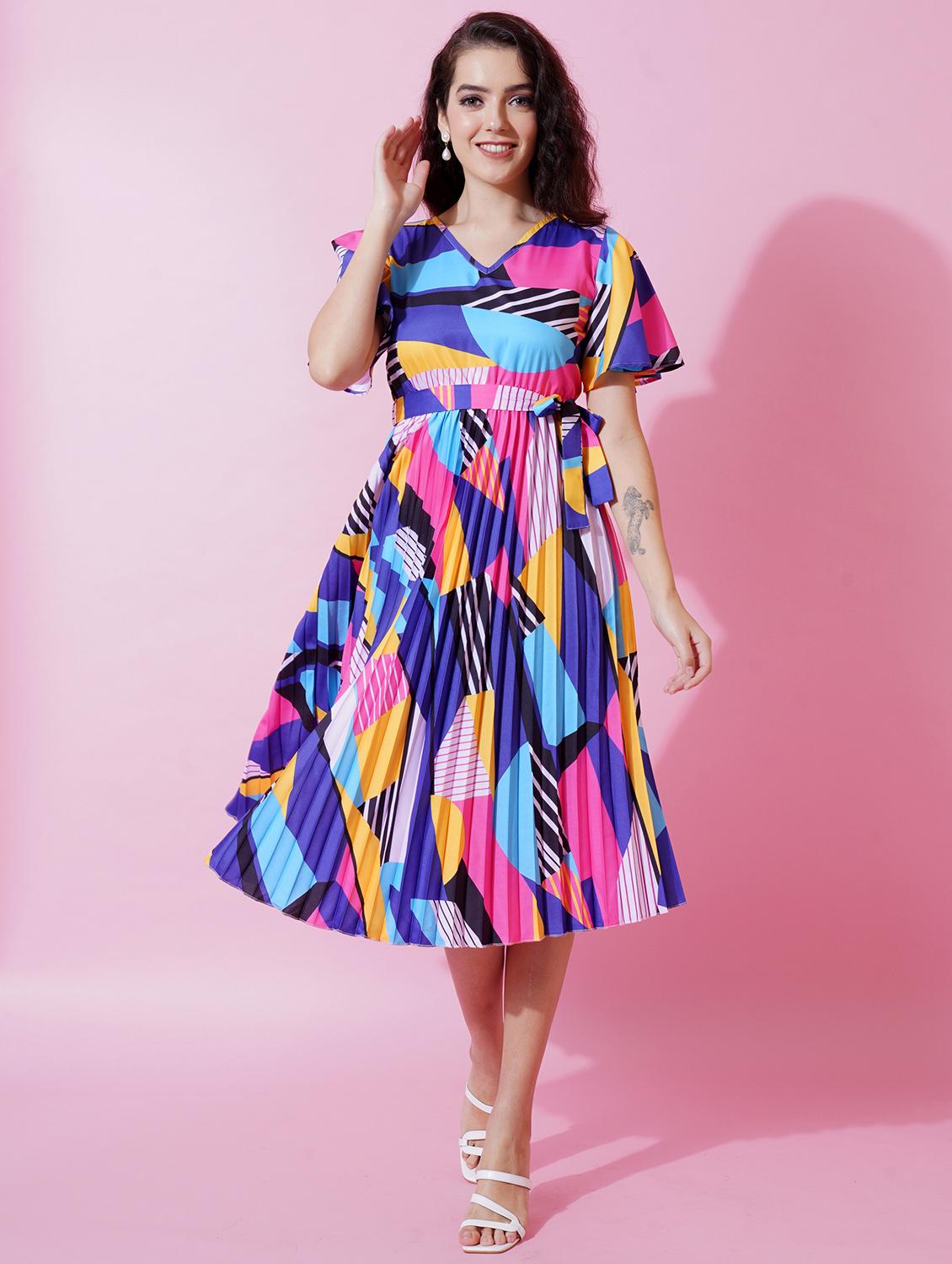 women printed flute sleeves fit & flared dress - 21179003 -  Zoom Image - 0
