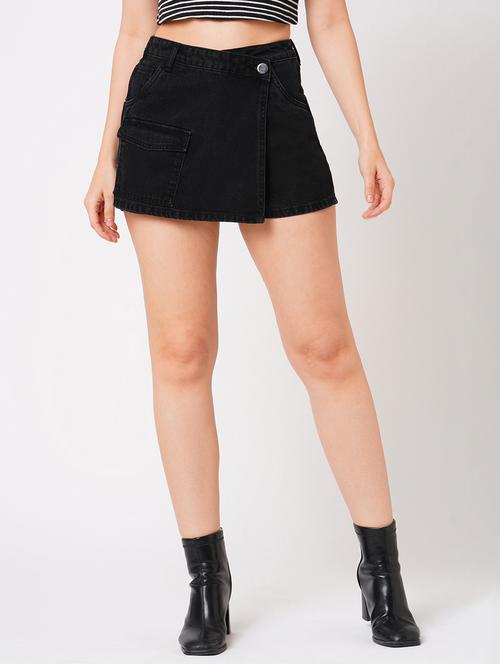 globus women black mid-rise slim fit front wrap utility pocket washed denim skorts - 21179703 - Standard Image - 0