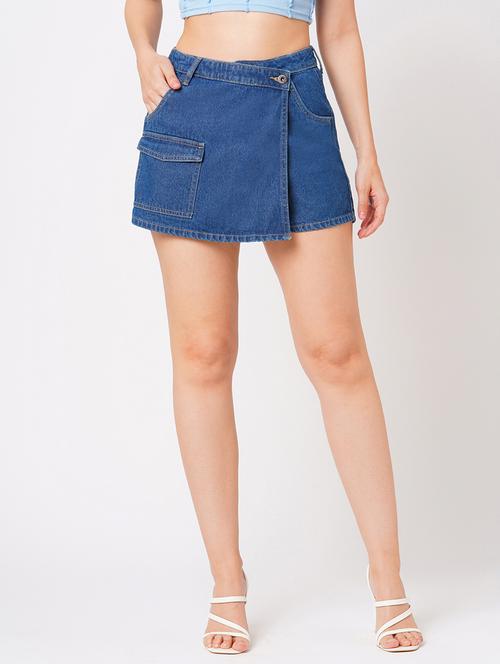 globus women med blue mid-rise slim fit front wrap utility pocket washed denim skorts - 21179704 - Standard Image - 0