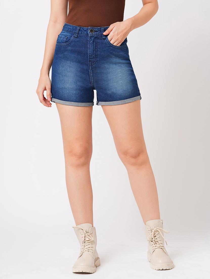 globus women dark blue stretchable mid-rise slim fit washed denim shorts - 21179707 - Zoom Image - 0