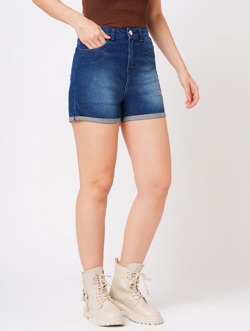 globus women dark blue stretchable mid-rise slim fit washed denim shorts - 21179707 - Standard Image - 1