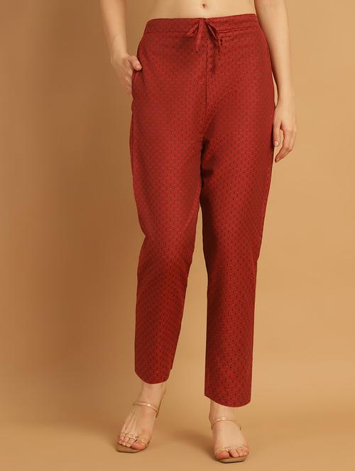 maroon cotton straight tapered pant - 21180226 -  Standard Image - 0
