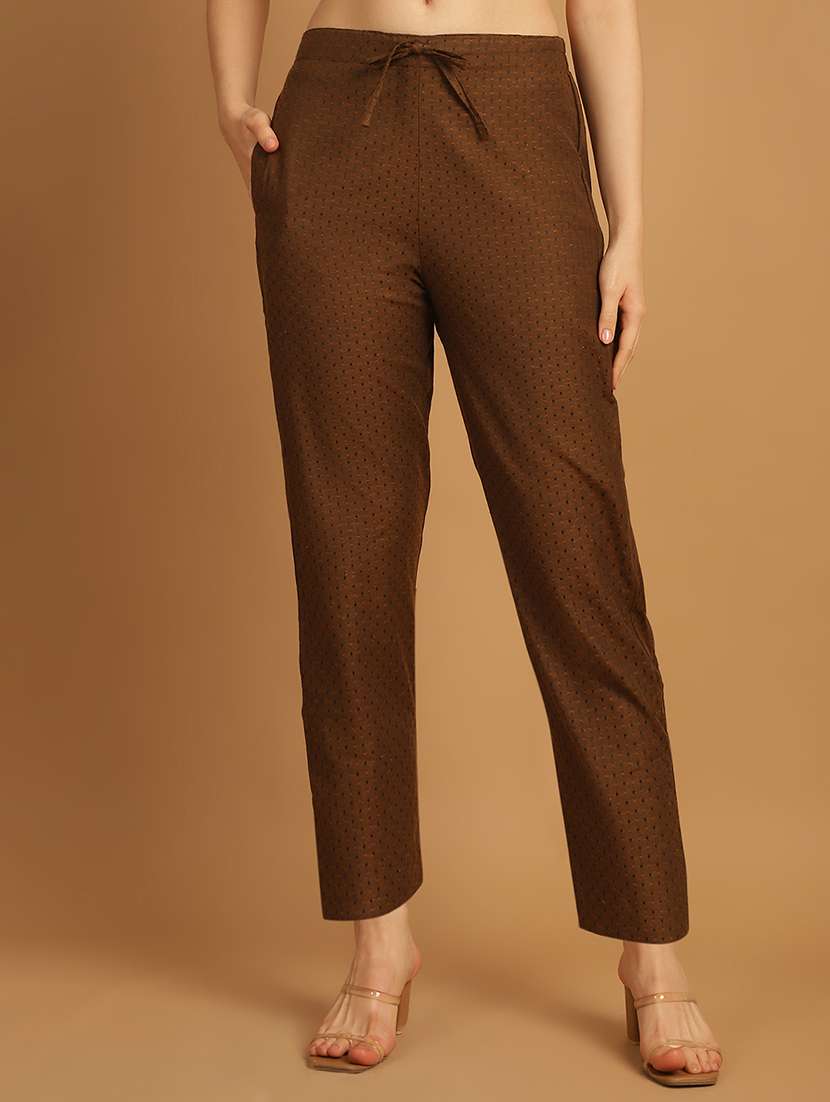 brown self design cotton straight pant
