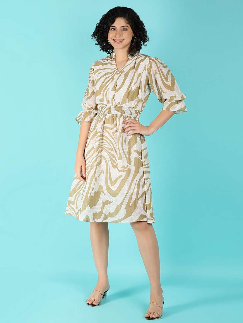 women printed mandrain neck a-line dress - 21180795 -  Standard Image - 1