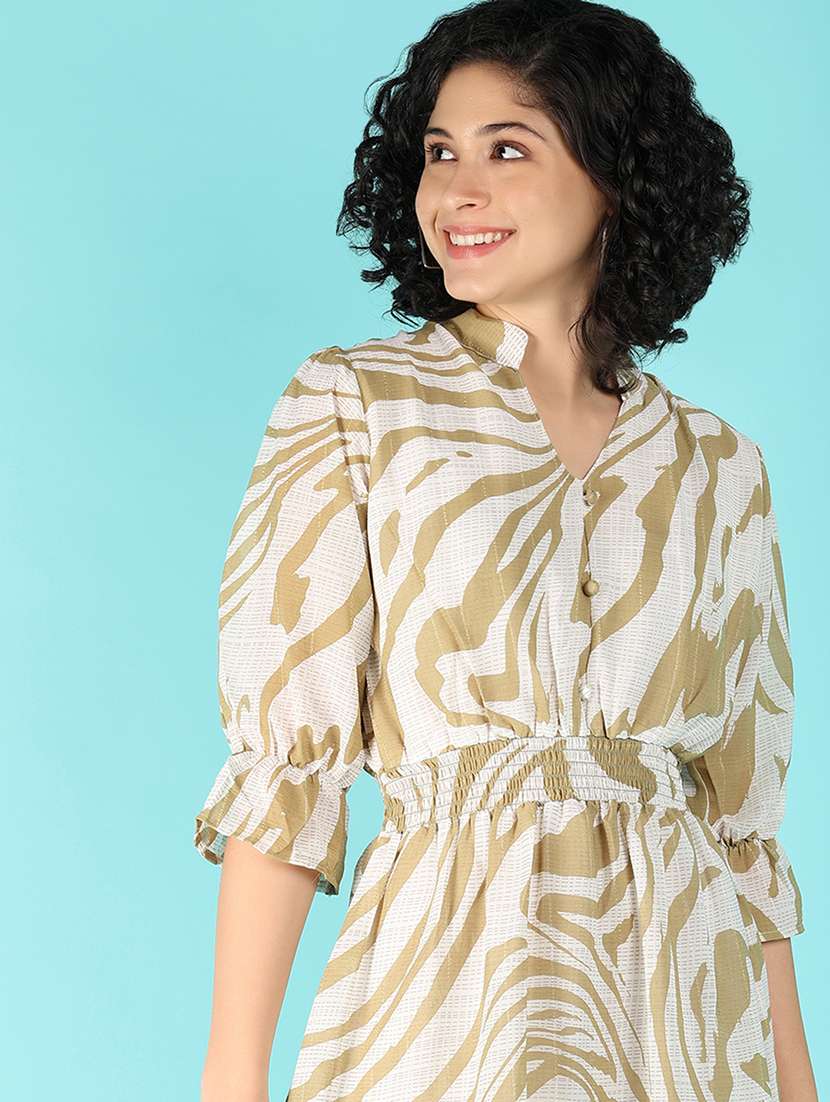 women printed mandrain neck a-line dress - 21180795 -  Standard Image - 4