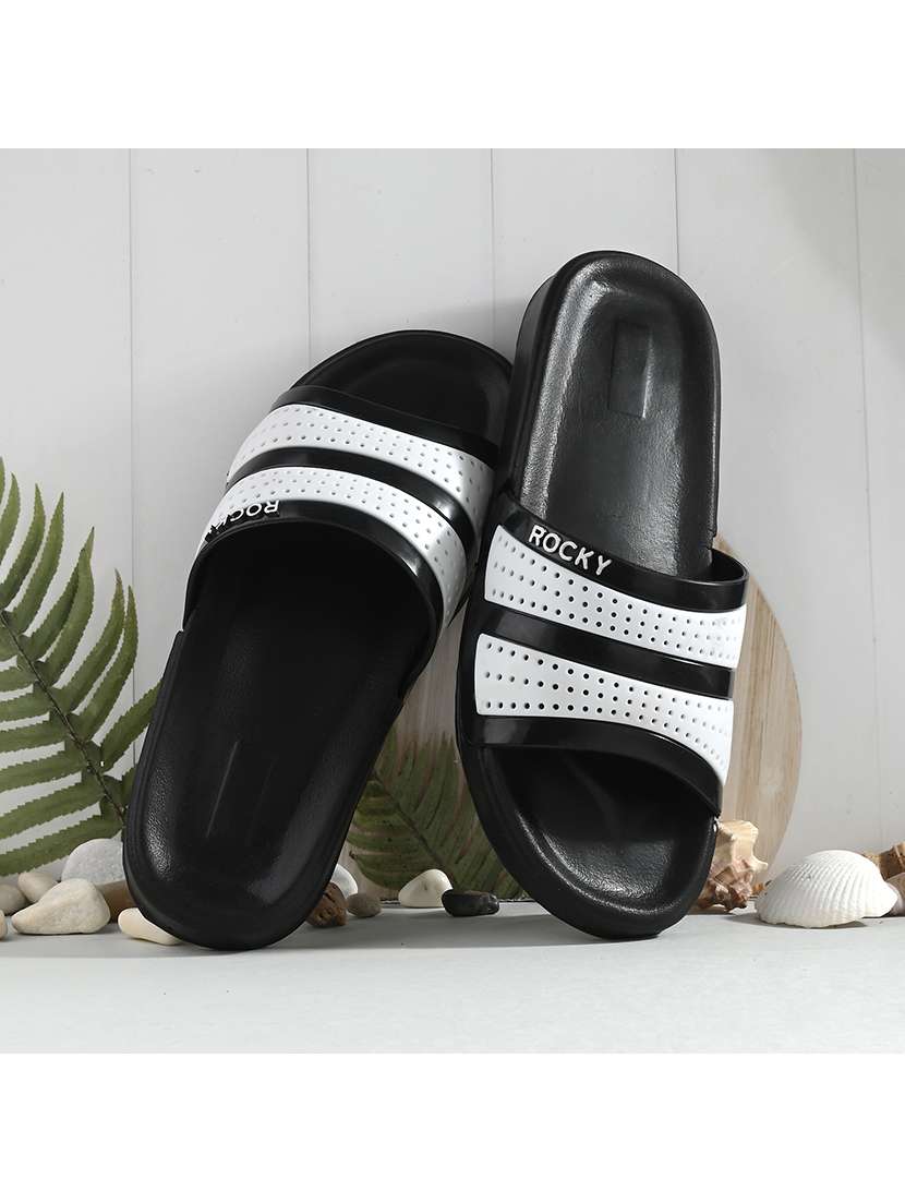 black synthetic slip on flip flops