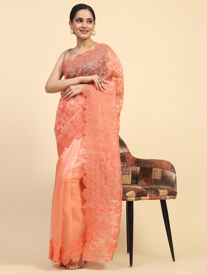 women orange embroidered saree with blouse - 21183914 - Standard Image - 1