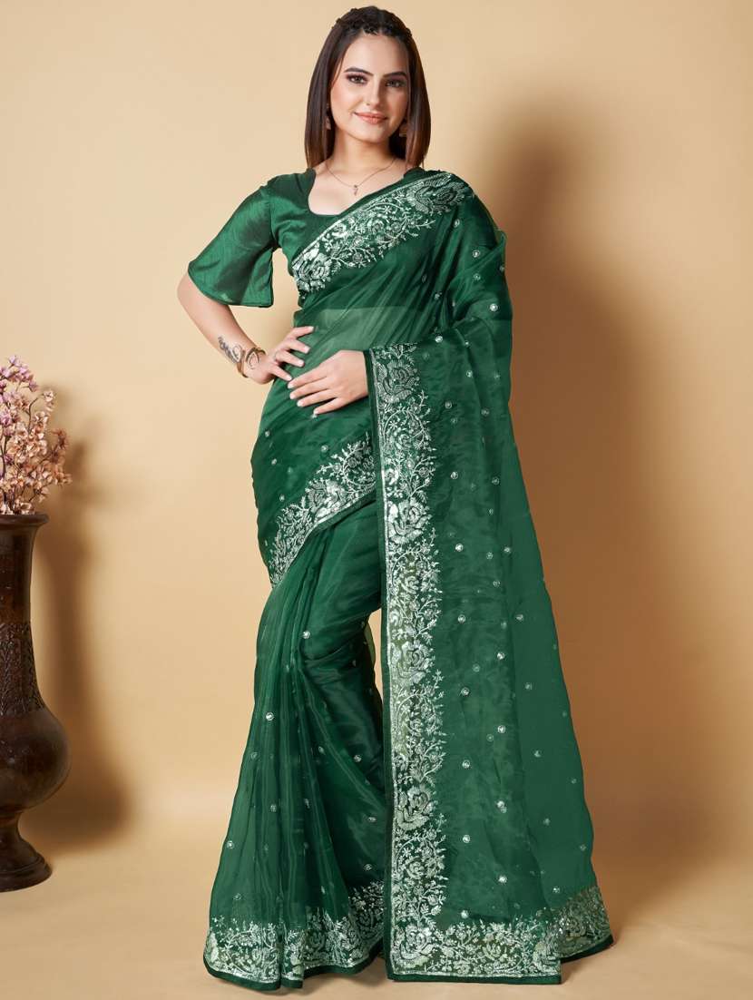 women green sequin work embroidered saree with blouse