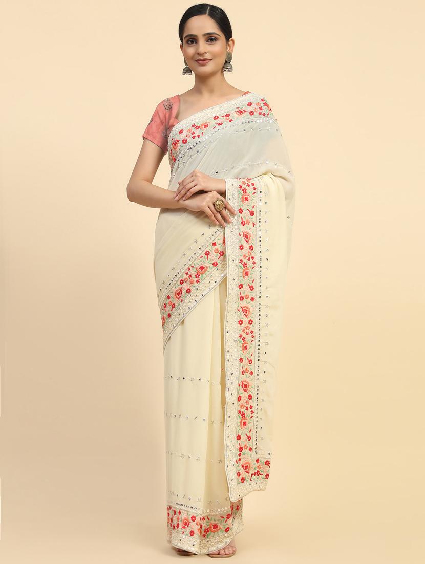 women cream sequin embroidered lace work saree with blouse