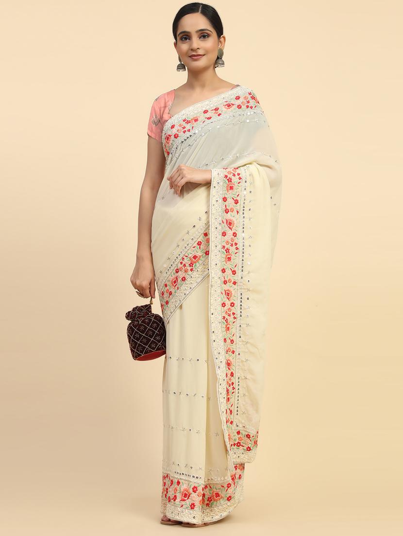 women cream sequin embroidered lace work saree with blouse - 21184100 -  Standard Image - 1
