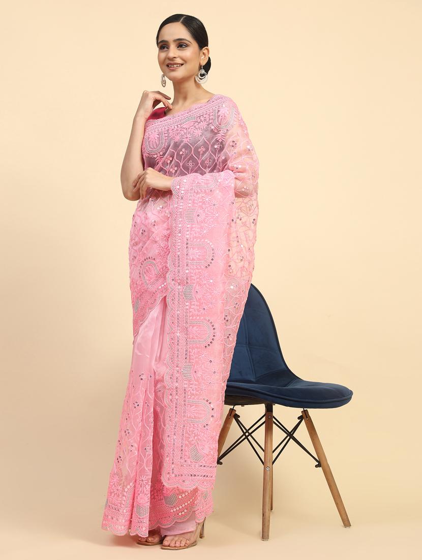 women pink sequin work embroidered saree with blouse - 21184159 -  Standard Image - 1