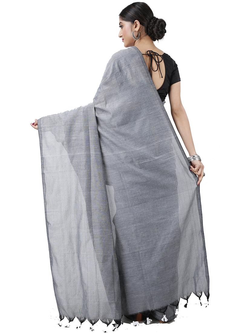 grey cotton blend handloom saree - 21185035 - Standard Image - 1