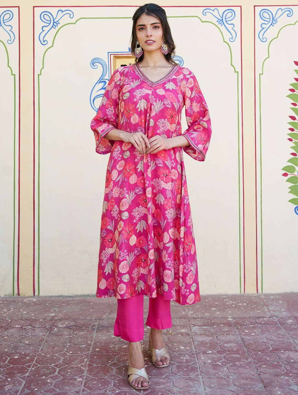 women three quarter sleeve kurta pant set