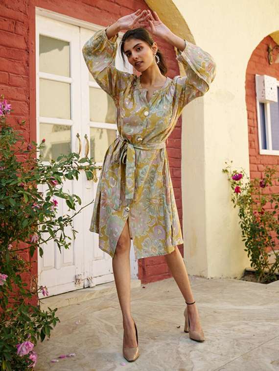 green cotton blend a-line dress