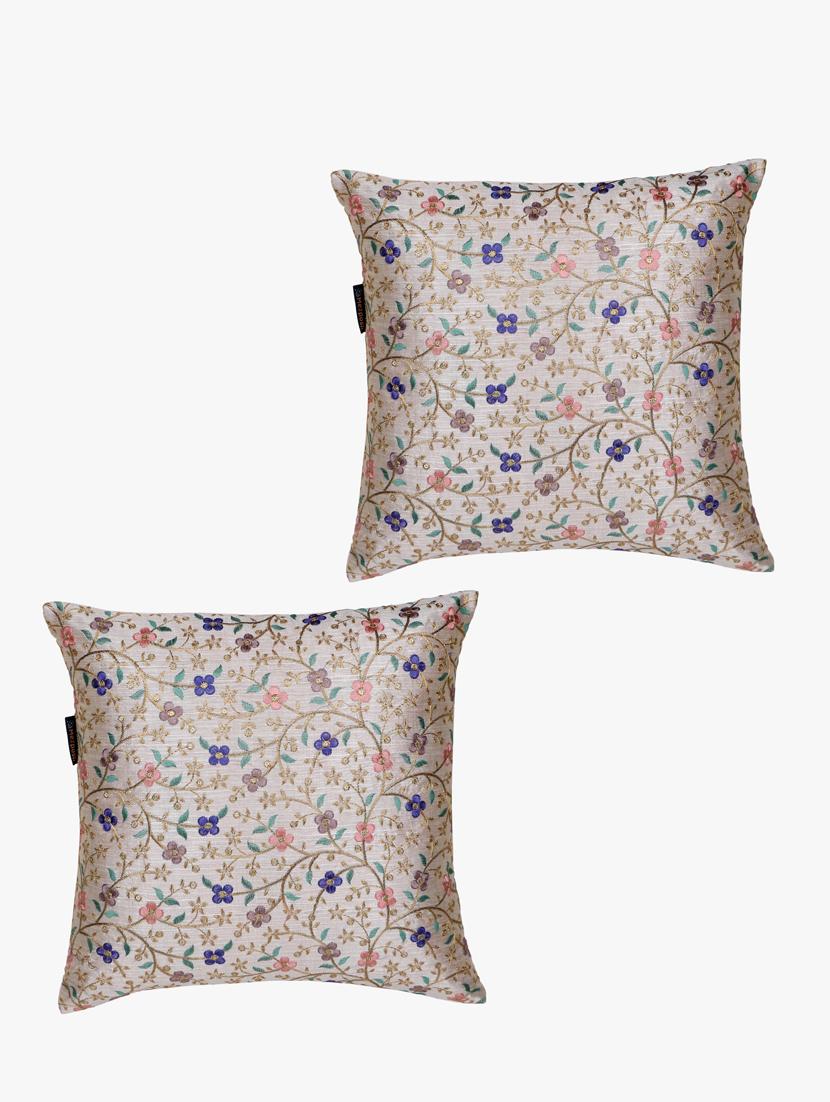 mezposh cream & multi floral embroidered faux silk cushion covers (16"x16") set of 2 - 21186016 - Standard Image - 1