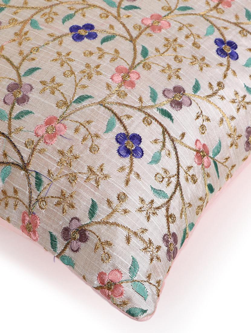 mezposh cream & multi floral embroidered faux silk cushion covers (16"x16") set of 2 - 21186016 - Standard Image - 4