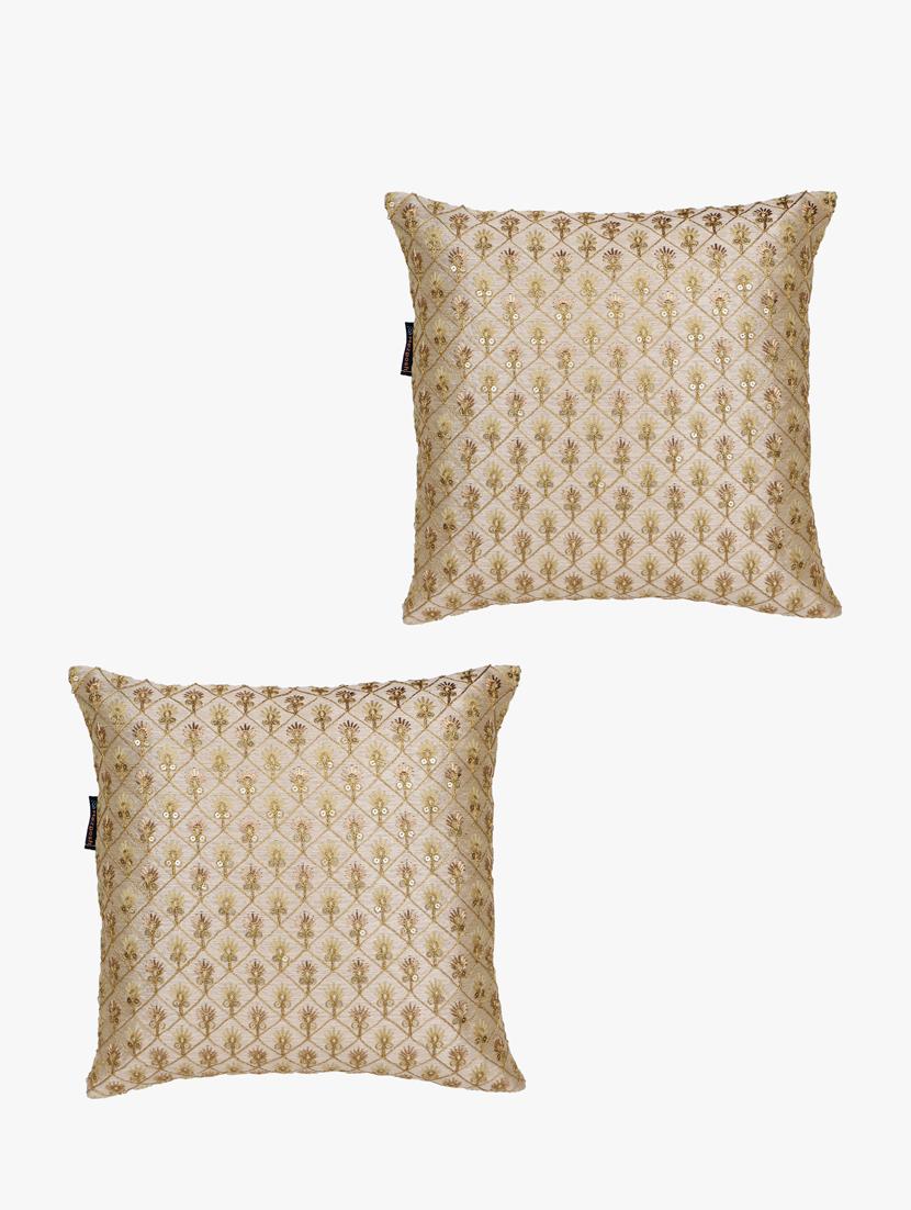mezposh beige & gold embroidered faux silk cushion covers (16"x16") set of 2 - 21186017 - Standard Image - 1