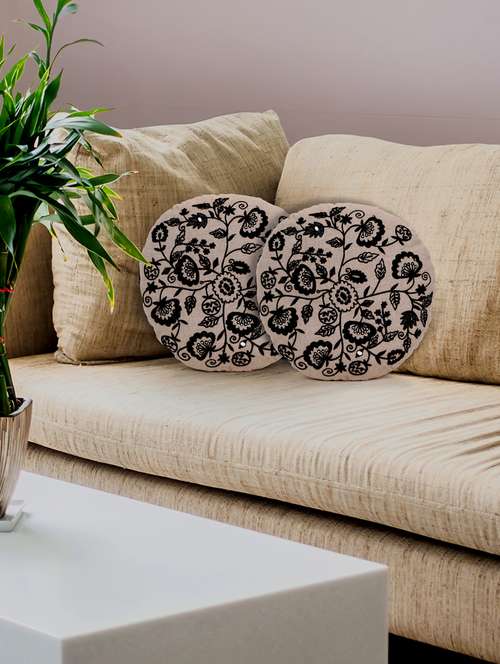 mezposh beige & black floral embroidered chambray canvas cushion covers (16 inch dia) set of 2 - 21186019 - Standard Image - 0