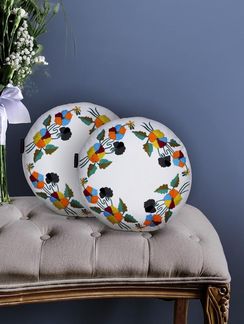 mezposh white & multi floral embroidered cotton canvas cushion covers (16 inch dia) set of 2