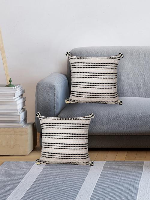 mezposh natural & black striped cotton acrylic jacquard cushion covers (16"x16") set of 2 - 21186026 -  Standard Image - 0