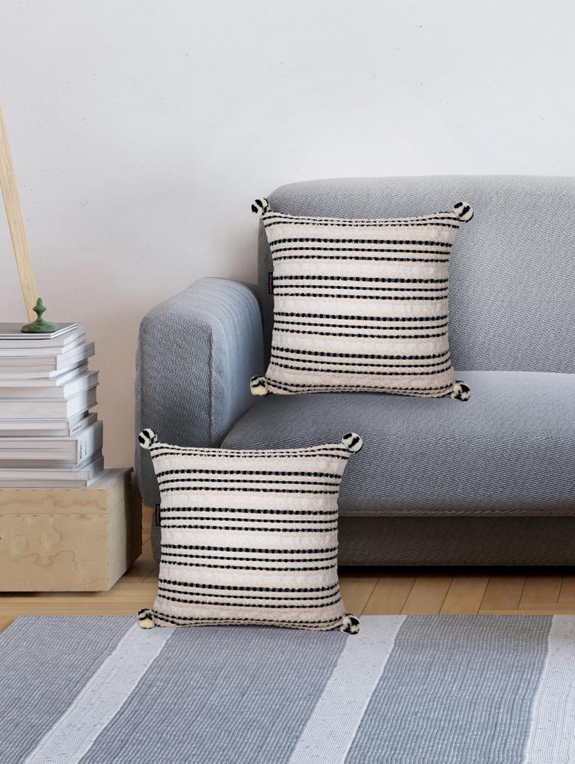 mezposh natural & black striped cotton acrylic jacquard cushion covers (16"x16") set of 2 - 21186026 -  Zoom Image - 0