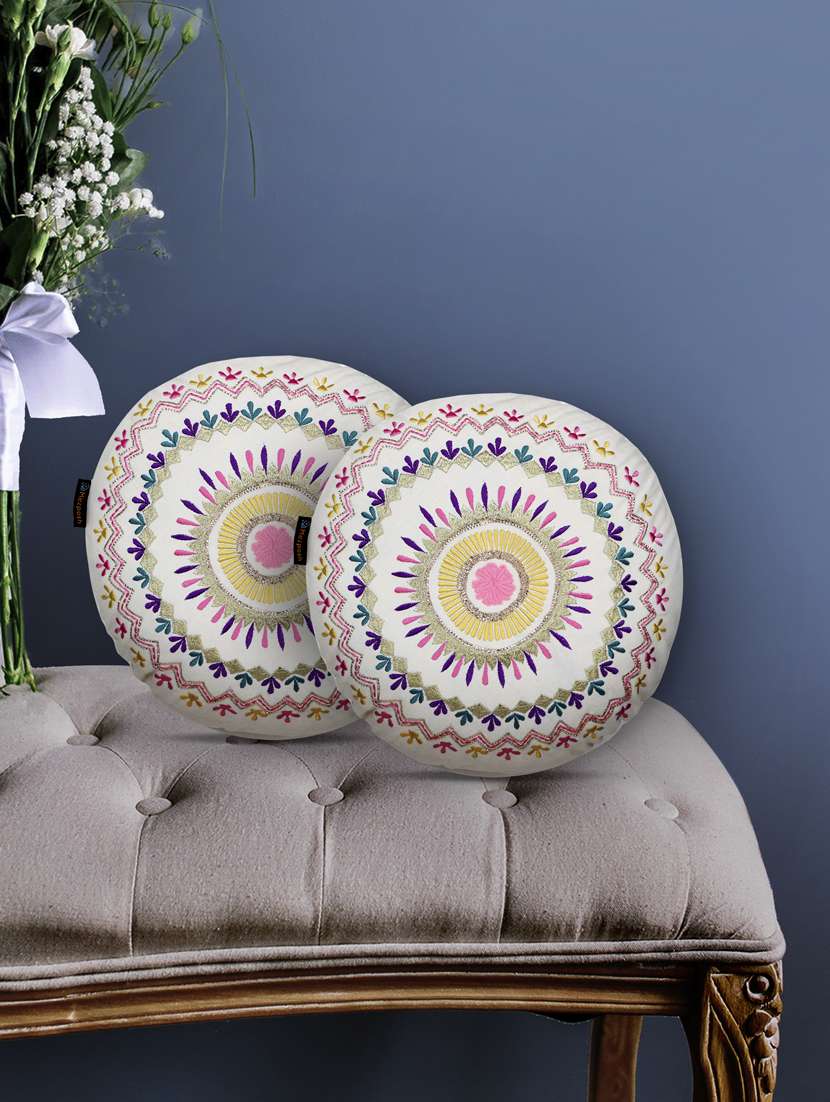 mezposh natural & multi mandala embroidered cotton canvas cushion covers (16 inch dia) set of 2