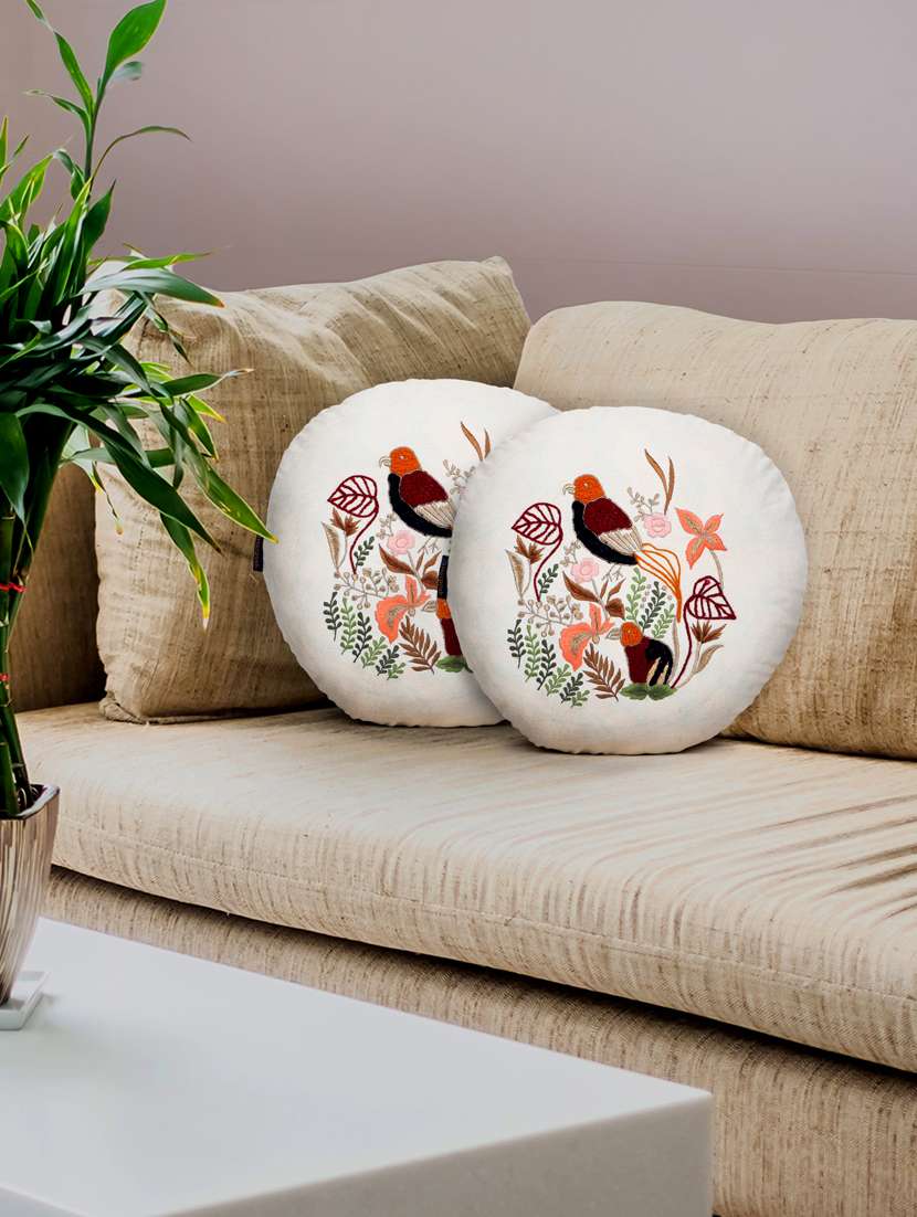 mezposh natural & multi quirky embroidered cotton canvas cushion covers (16 inch dia) set of 2