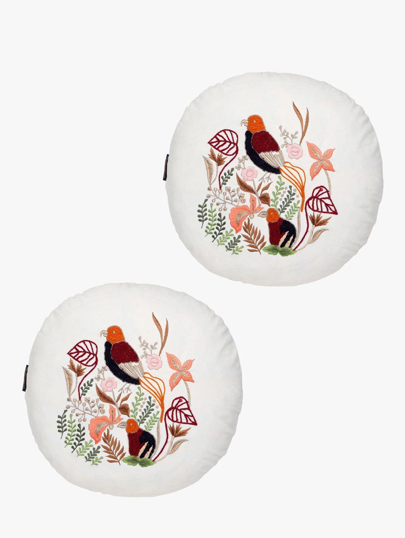 mezposh natural & multi quirky embroidered cotton canvas cushion covers (16 inch dia) set of 2 - 21186028 -  Standard Image - 1