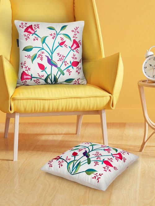 mezposh natural, pink & green quirky embroidered cotton canvas cushion covers (16"x16") set of 2 - 21186029 -  Standard Image - 0