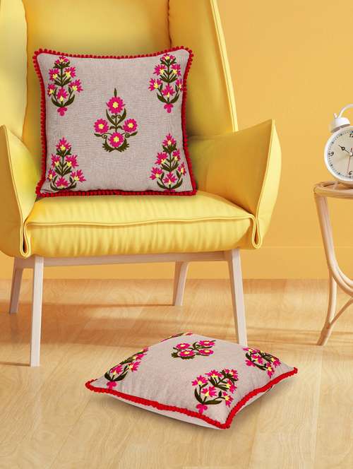 Mezposh Beige, Pink & Green Floral Embroidered Chambray Canvas Cushion Covers (16"X16") Set Of 2