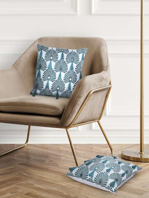 mezposh teal green & white scallop embellished cotton acrylic jacquard cushion covers (16"x16") set of 2 - 21186032 -  Standard Image - 0