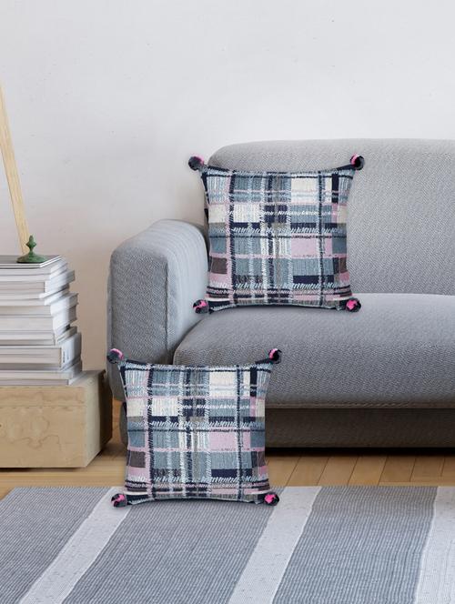 mezposh blue, pink & multi checkered cotton acrylic jacquard cushion covers (16"x16") set of 2 - 21186036 - Standard Image - 0