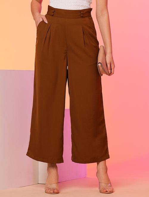 globus women tan high-rise pleated back frilled waist wide leg trousers - 21193419 - Standard Image - 0