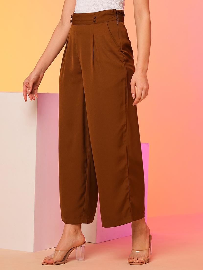 globus women tan high-rise pleated back frilled waist wide leg trousers - 21193419 - Standard Image - 1