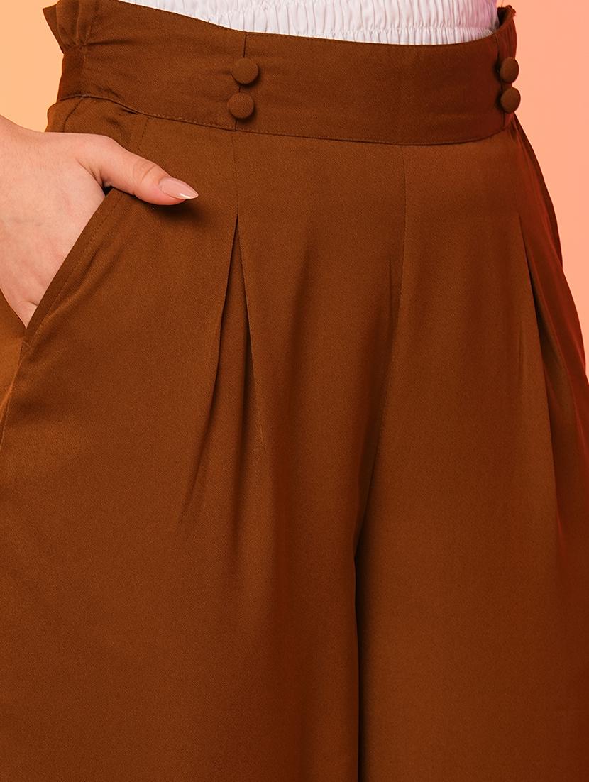 globus women tan high-rise pleated back frilled waist wide leg trousers - 21193419 - Standard Image - 4