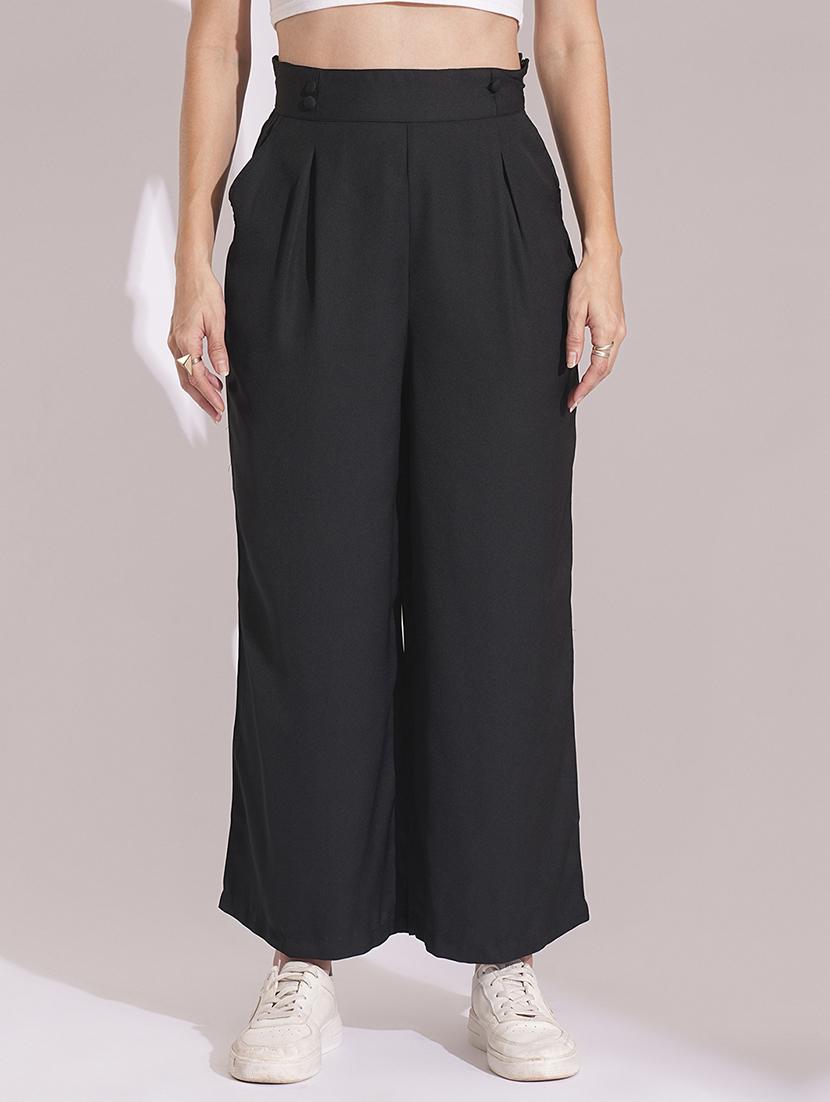 globus women black high-rise pleated back frilled waist wide leg trousers - 21193420 -  Standard Image - 1