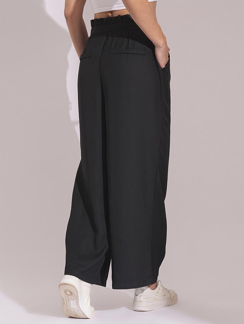 globus women black high-rise pleated back frilled waist wide leg trousers - 21193420 - Standard Image - 4
