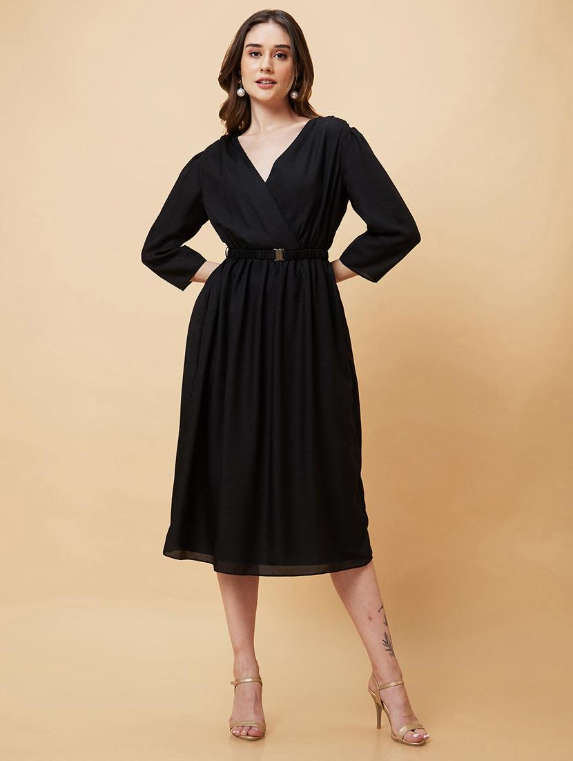 globus women black wrap neck gathered waist a-line midi dress with belt